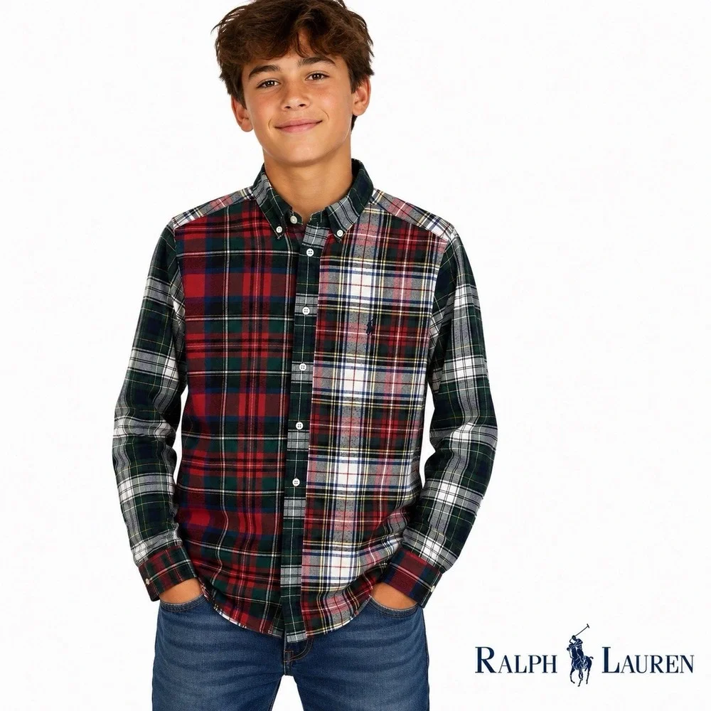 Ralph Lauren Boys Performace Red Green Plaid Casual Button Up Fun Shirt Lg 14-16
